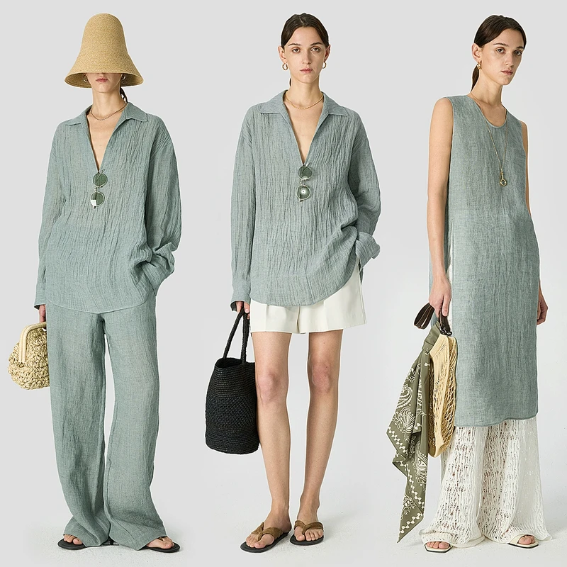 开间黑标/比利时LIBECO砂洗水波肌理亚麻 轻薄极简衬衫长背心套装