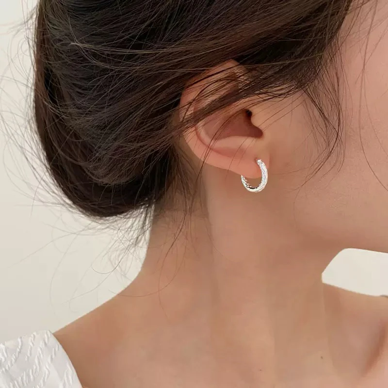 925银耳饰 璀璨肌理耳环简约韩版耳圈耳扣耳饰女冷淡风素款9982