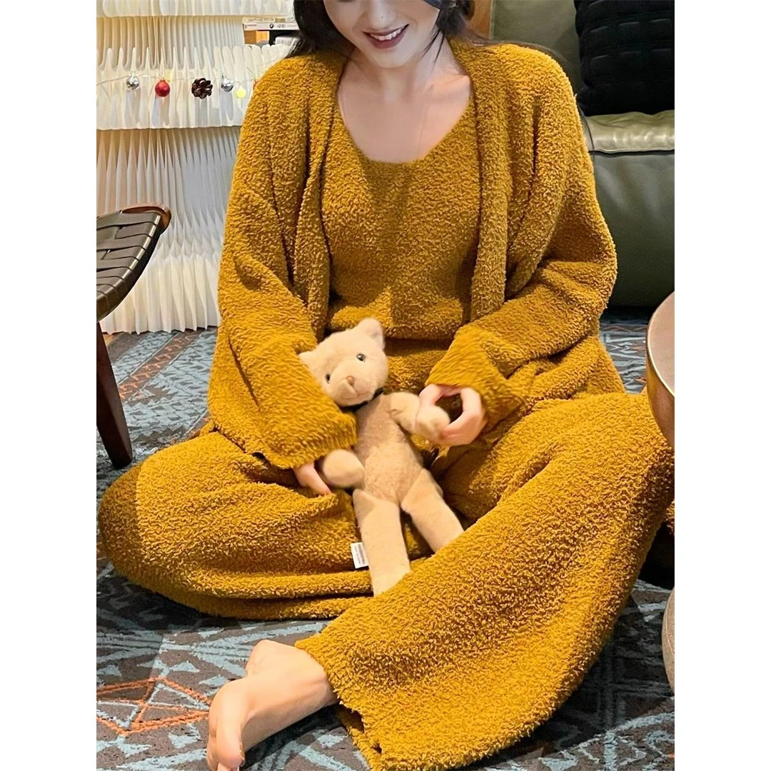 简约高级感黄色半边绒睡衣女款冬季新款毛绒针织保暖家居服三件套