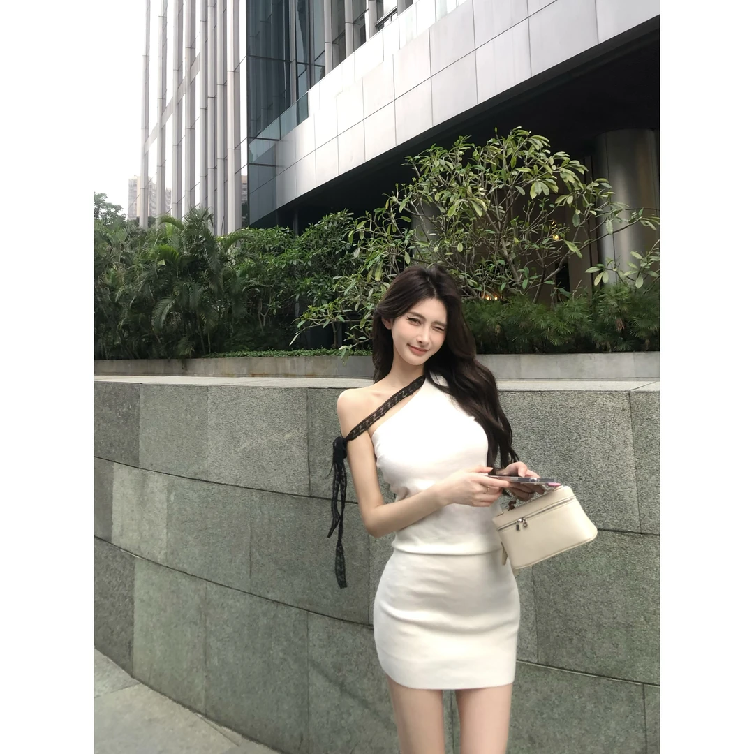 精致斜肩蕾丝绑带连衣裙大方温柔气质连衣裙806