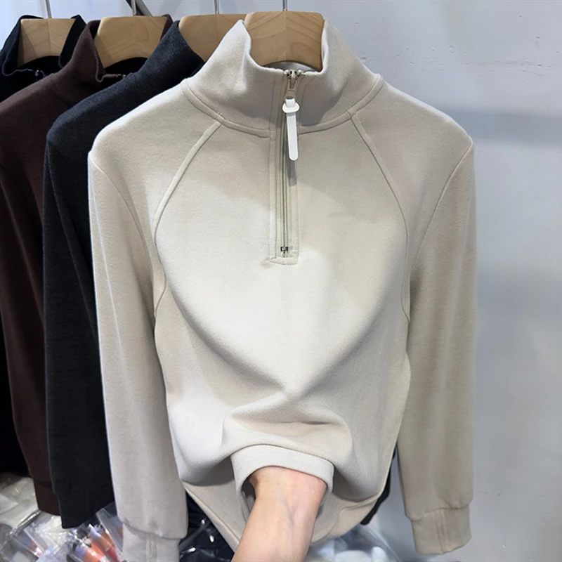 德绒保暖纯色拉链半开衫立领长袖卫衣女25春洋气新款简约上衣潮