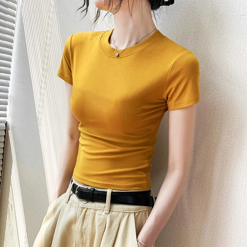莱赛尔天丝圆领短袖t恤女2025新款夏季纯色正肩修身显瘦内搭上衣