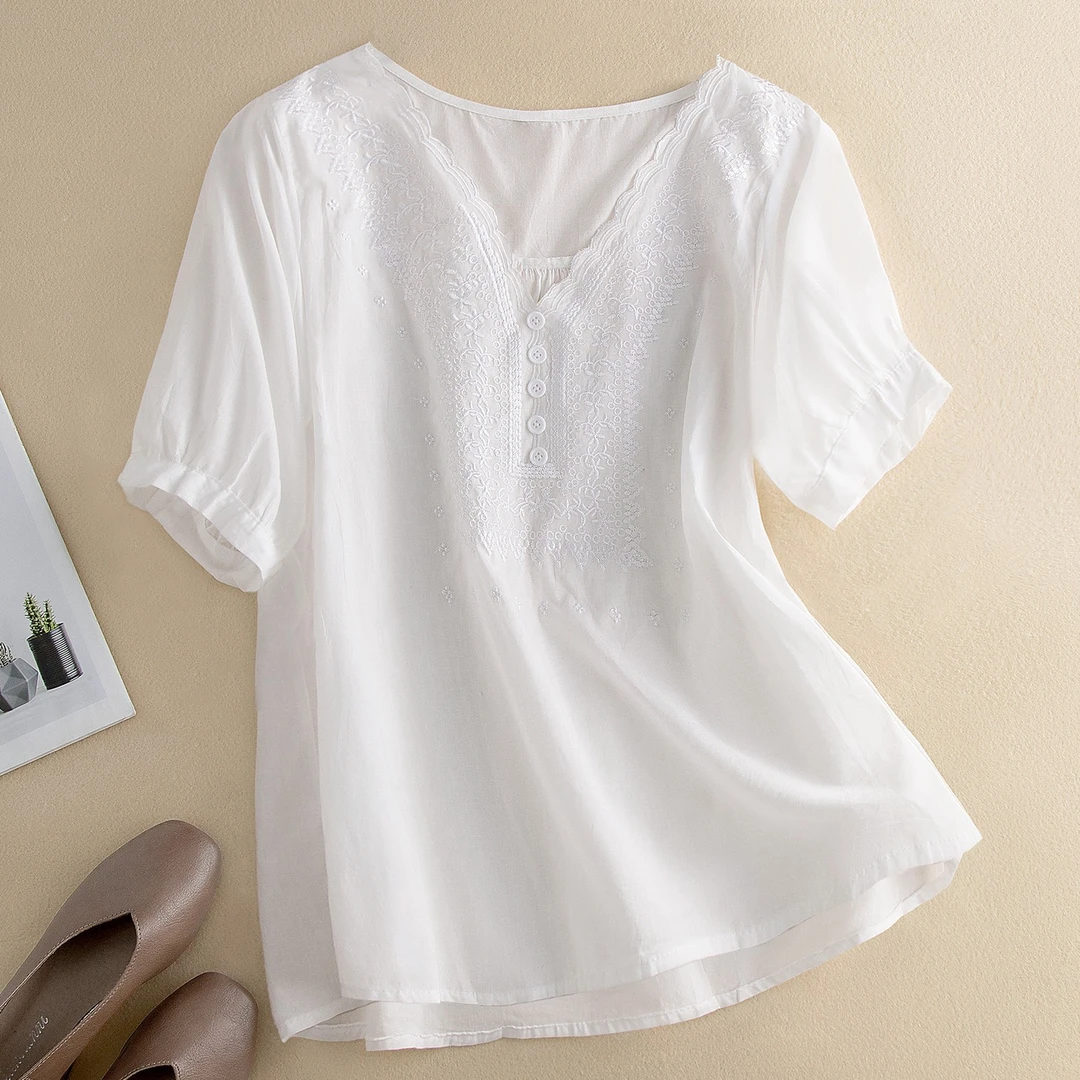 丝柏舍女装V领欧若风短袖宽松气质刺绣衬衫老钱风女装S32B1431C