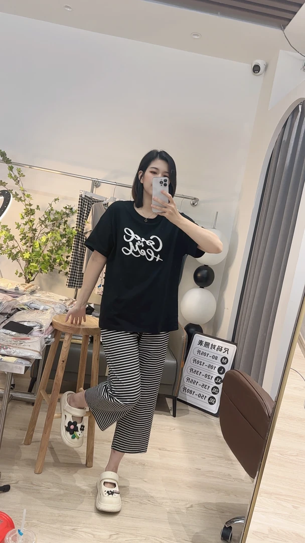 夏季爽棉睡衣女时尚休闲百搭黑色宽松圆领条纹印花韩版简约可外穿