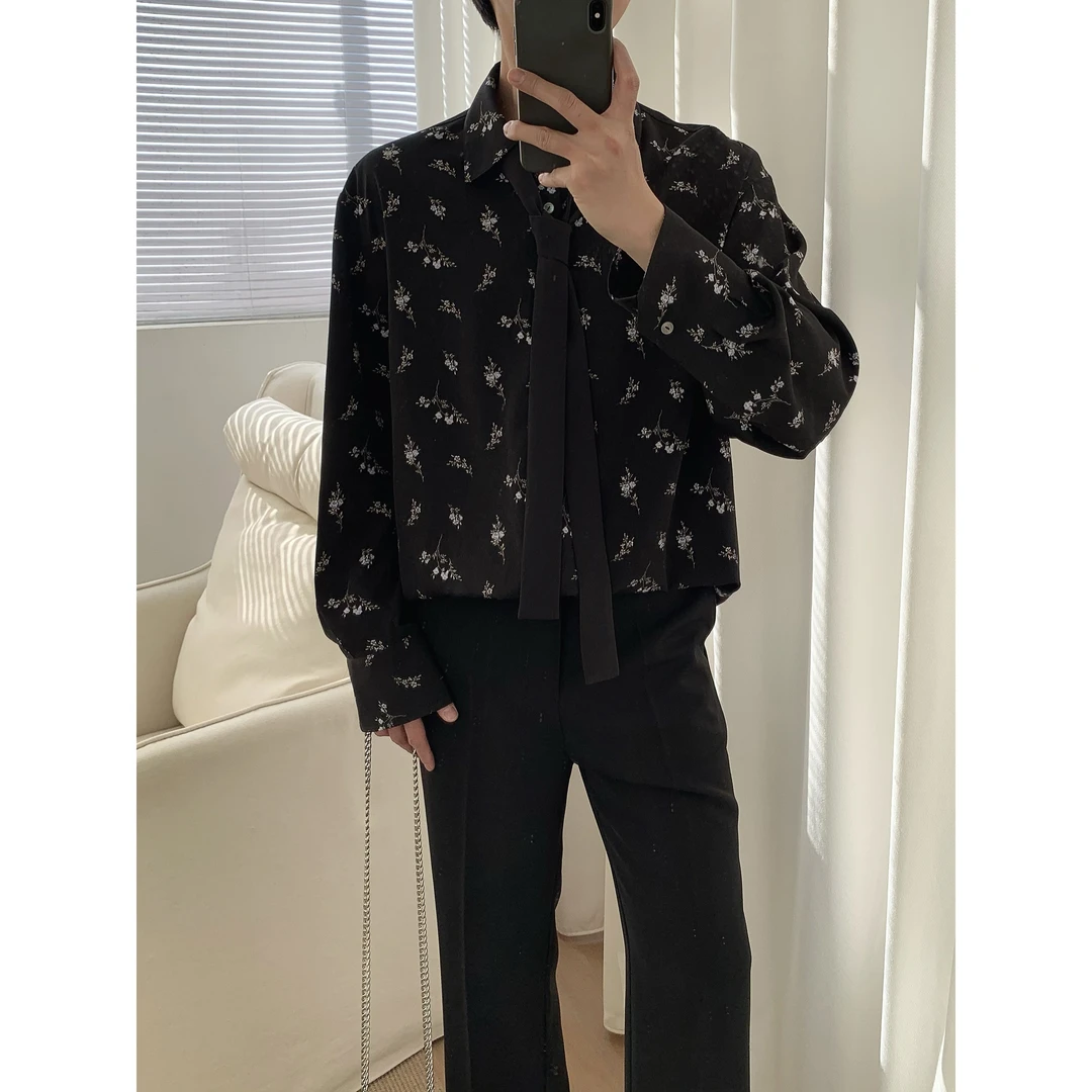 阿茶与阿古黑色扶桑花衬衫男长袖春季高级感痞帅领带衬衣A2501102