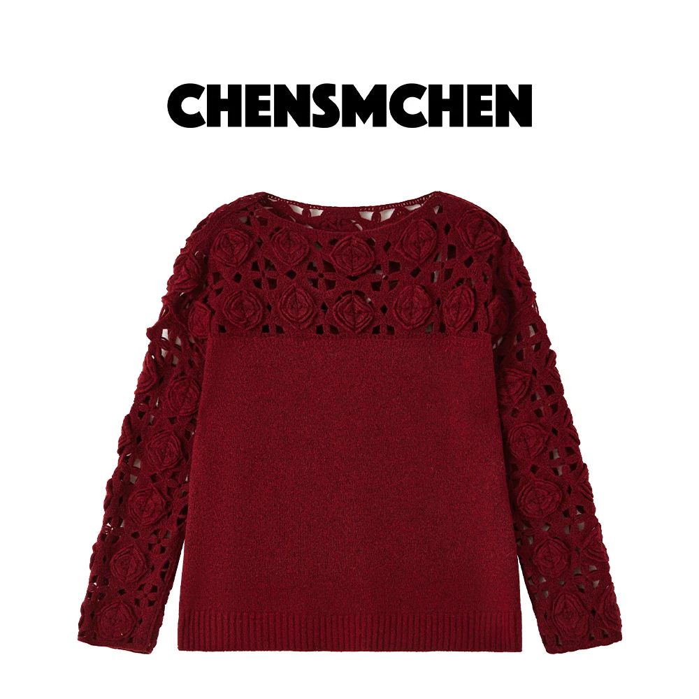 CHENSMCHEN 绵羊毛拼接镂空针织上衣女春季设计感内搭C24M100MN