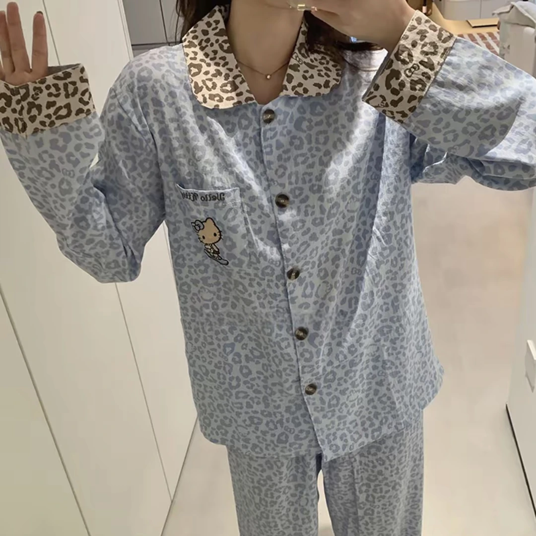 秋季新款长袖蓝豹纹猫咪韩版时尚动漫卡通宽松可外穿家居服