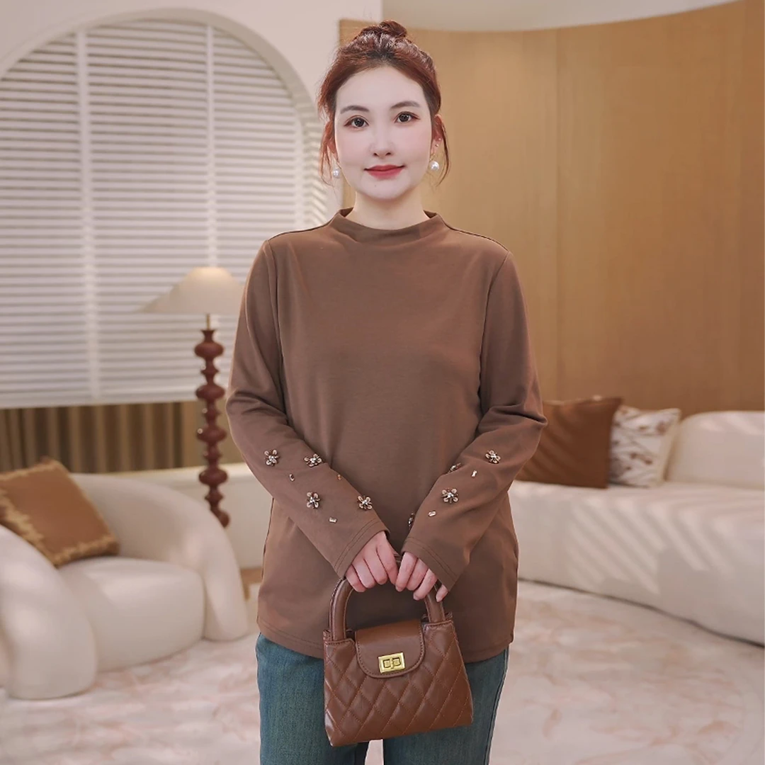 【磨毛弹力棉】MsShe大码女装2025新冬手工钉珠钻长袖T恤S~E2512040