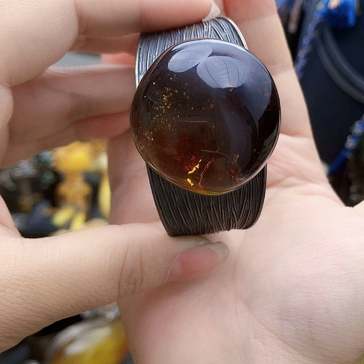 银S925镶嵌琥珀裸石k****y手镯