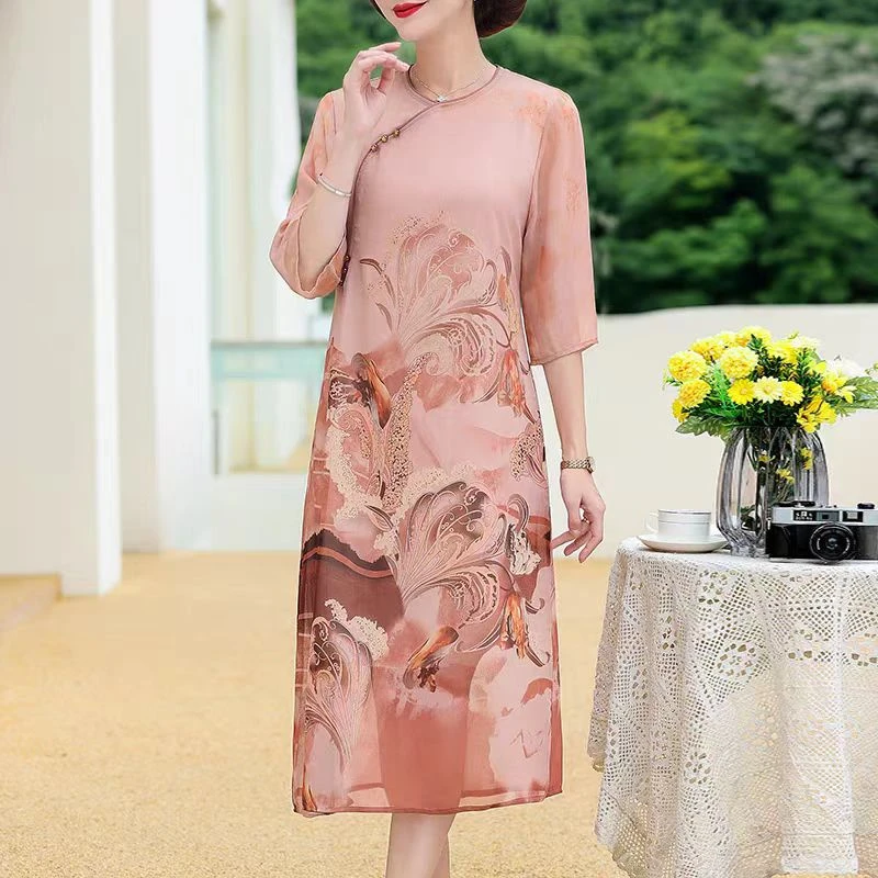 9717夏季新款新中式国风盘扣轻奢高贵中袖妈妈装连衣裙（新仓）