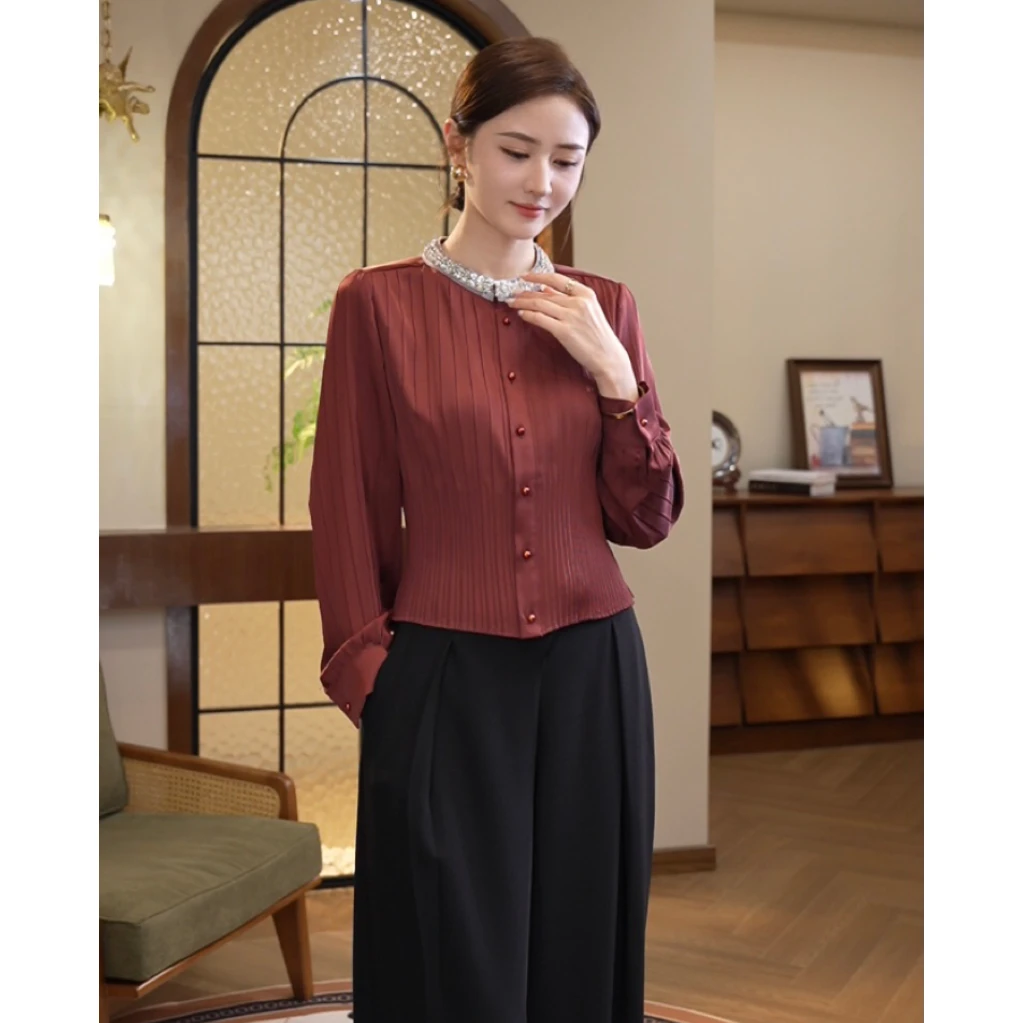 唐熹现货2025年早秋新款【6882】高级感缎面红色气质百搭衬衫上衣女