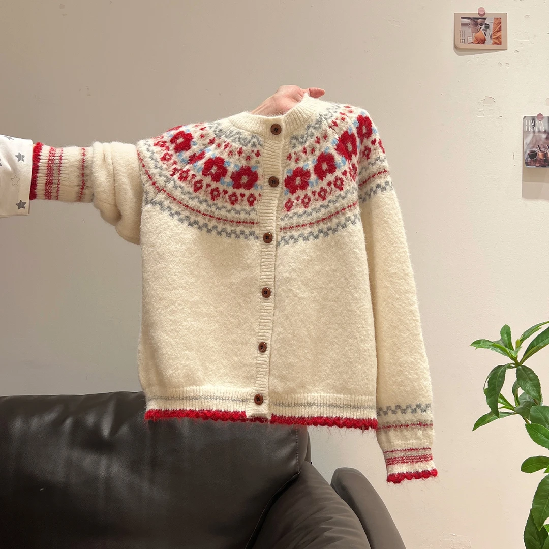 夏珍新年穿搭复古费尔岛毛衣外套女冬季2025新款宽松提花针织开衫