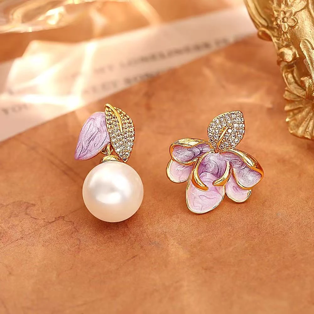 铜合金耳饰 爆款紫色显脸小珍珠耳钉女粉色大珠简约气质秋冬耳饰