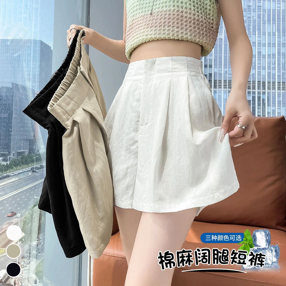 白色天丝棉麻西装短裤女夏季2025高腰亚麻a字阔腿休闲显瘦五分裤