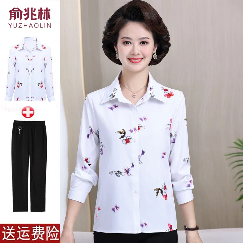俞兆林妈妈装女春装时尚印花衬衫洋气新款50岁60中年妈妈春秋长袖
