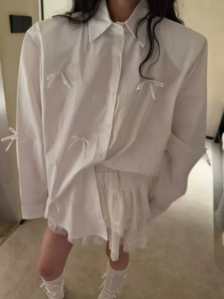 新款早春女宽松慵懒风法式设计感蝴蝶结系带长袖衬衫外套