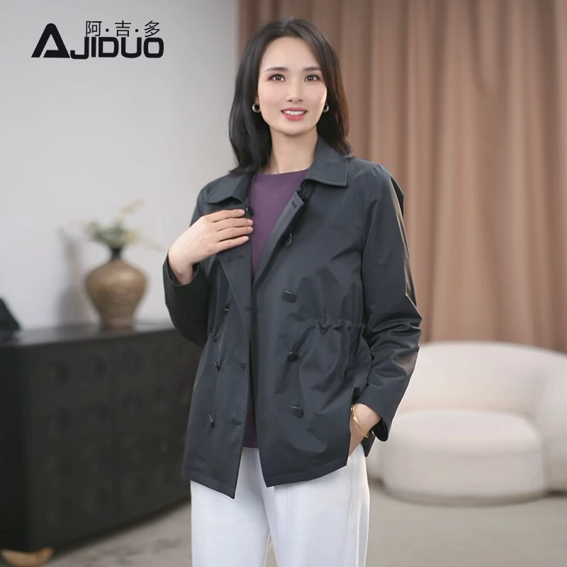 阿吉多短款风衣外套女2025秋新款双排扣小个子高级感黑色翻领上衣