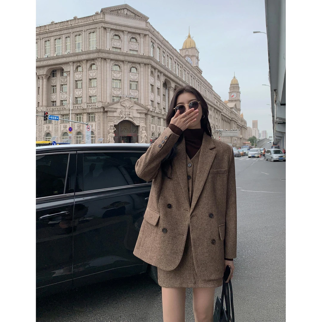 THEORY ERROR复古羊毛呢西装外套女2025秋冬宽松高级感人字纹西服