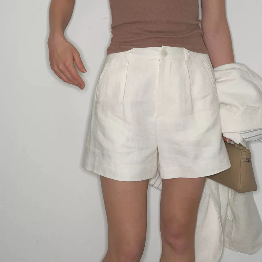 亚麻透气西装短裤 夏季新款阔腿高腰白色休闲裤显瘦027