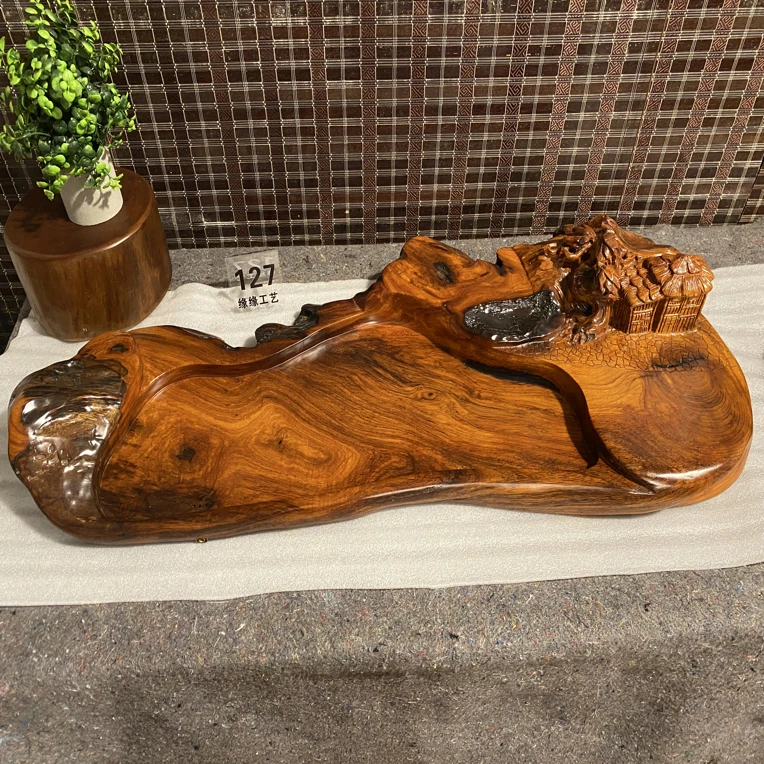 老挝黄花梨立体楼阁迎客松款根料茶盘94*37*16