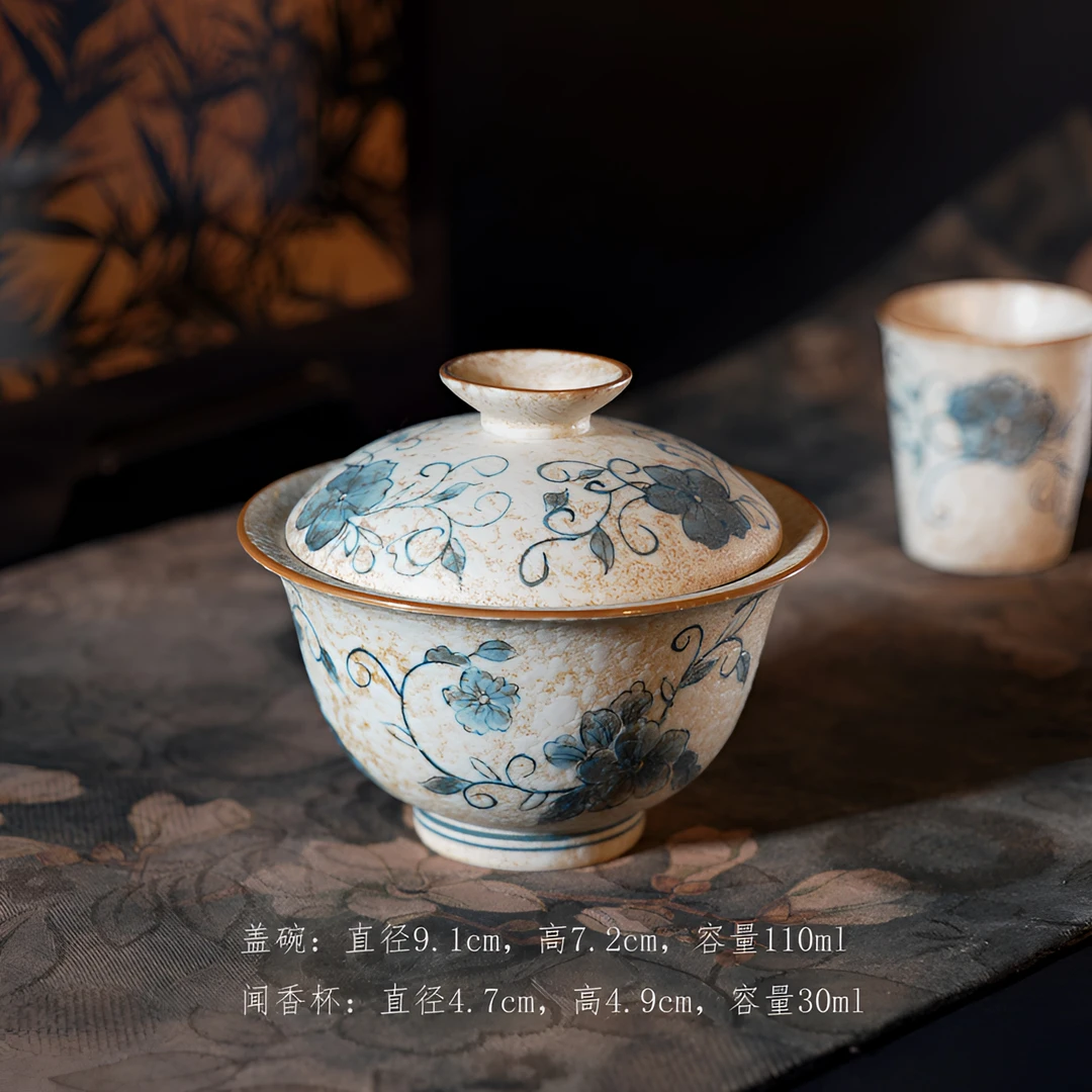 不知春丨青花火石红手绘青花盖碗+杯整套