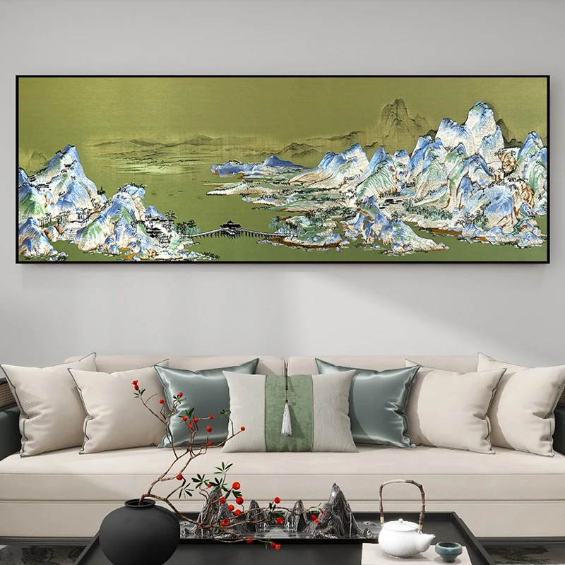新中式《千里江山图》王希孟客餐厅玄关苏绣装饰画乔迁礼赠挂画