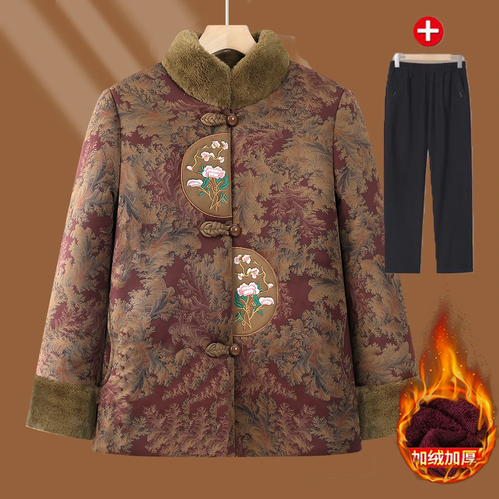 奶奶棉袄加绒加厚中老年人冬装女妈妈棉衣短款老太太棉服国风外套