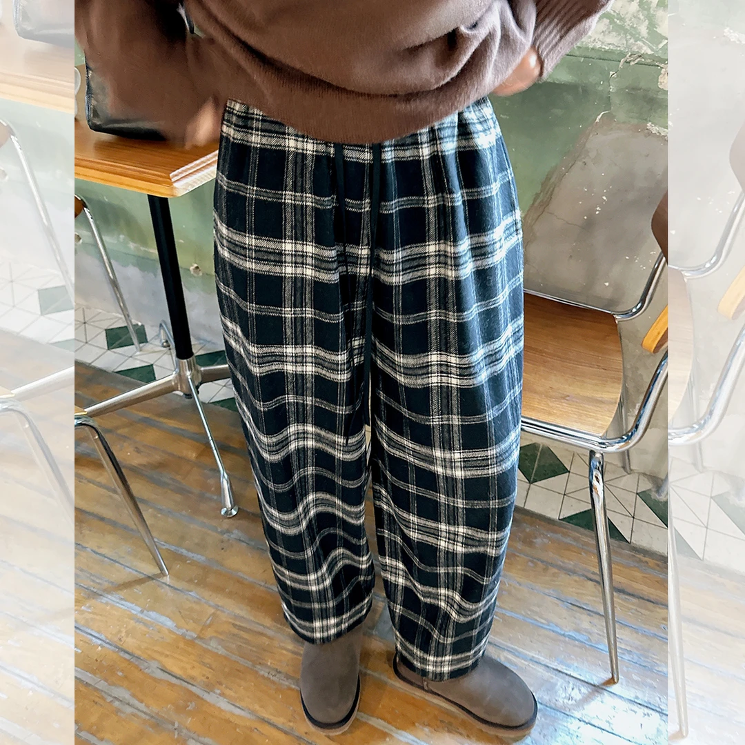 莉贝琳sisy百搭通勤格纹裤时尚垂感懒人松紧腰休闲裤秋185145