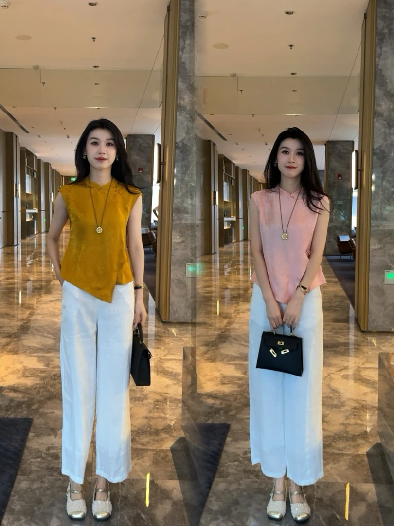 夏季新款国风新中式显瘦提花不规则无袖上衣设计感百搭阔腿裤套装