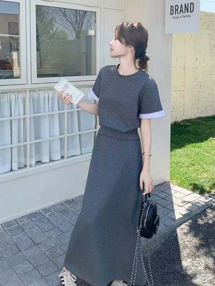 6999松弛感灰色简约短袖T恤半身裙套装女夏季新款设计感十足
