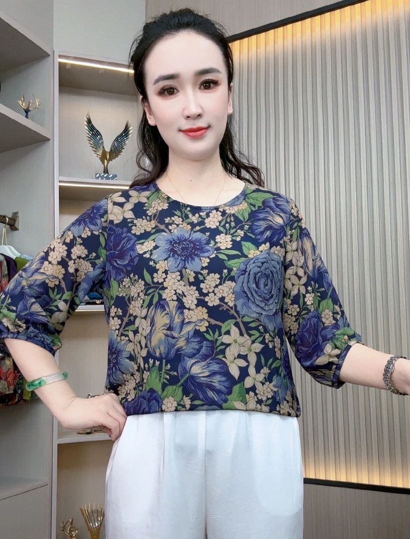 【富贵牡丹】夏季中袖妈妈装高端时尚洋气遮肚显瘦百搭气质圆领小衫