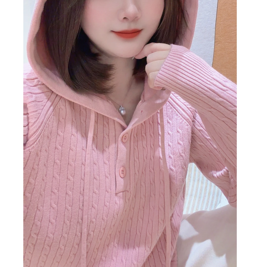 秋冬厚款长袖麻花连帽针织打底外穿保暖女装帽衫减龄百搭毛衣宽松