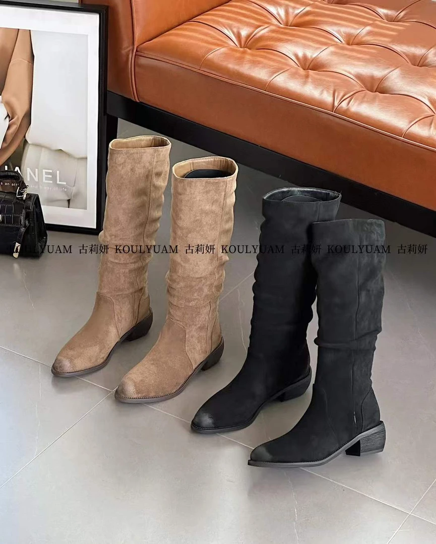 88-507粗跟高筒靴女2024新款秋冬加绒薄绒不过膝显瘦长靴骑士靴