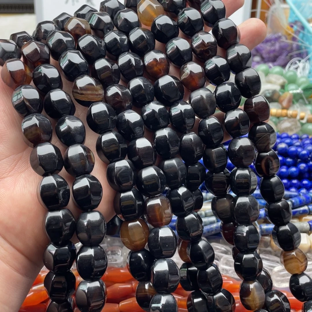玛瑙/玉髓合金珠宝半成品一条装12*14mm黑玛瑙瓜棱珠