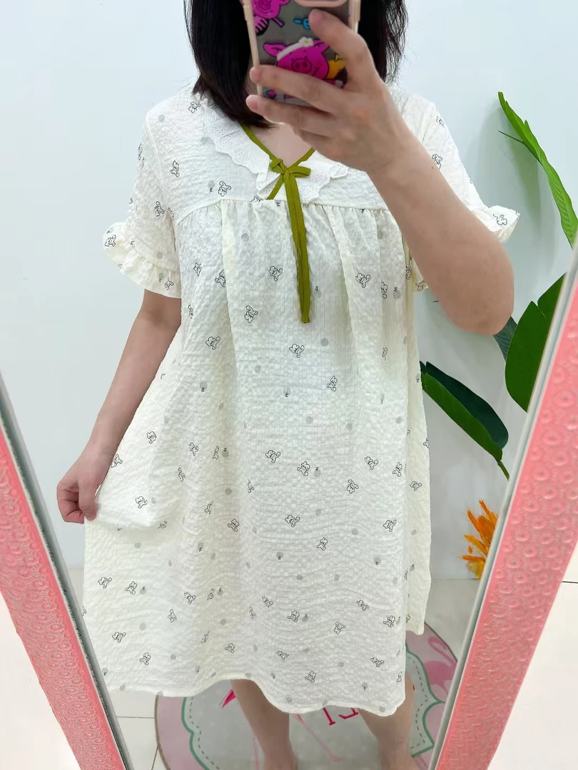 碎花休闲家居服印染短袖中长款印花ol睡裙女士连衣裙夏季甜美