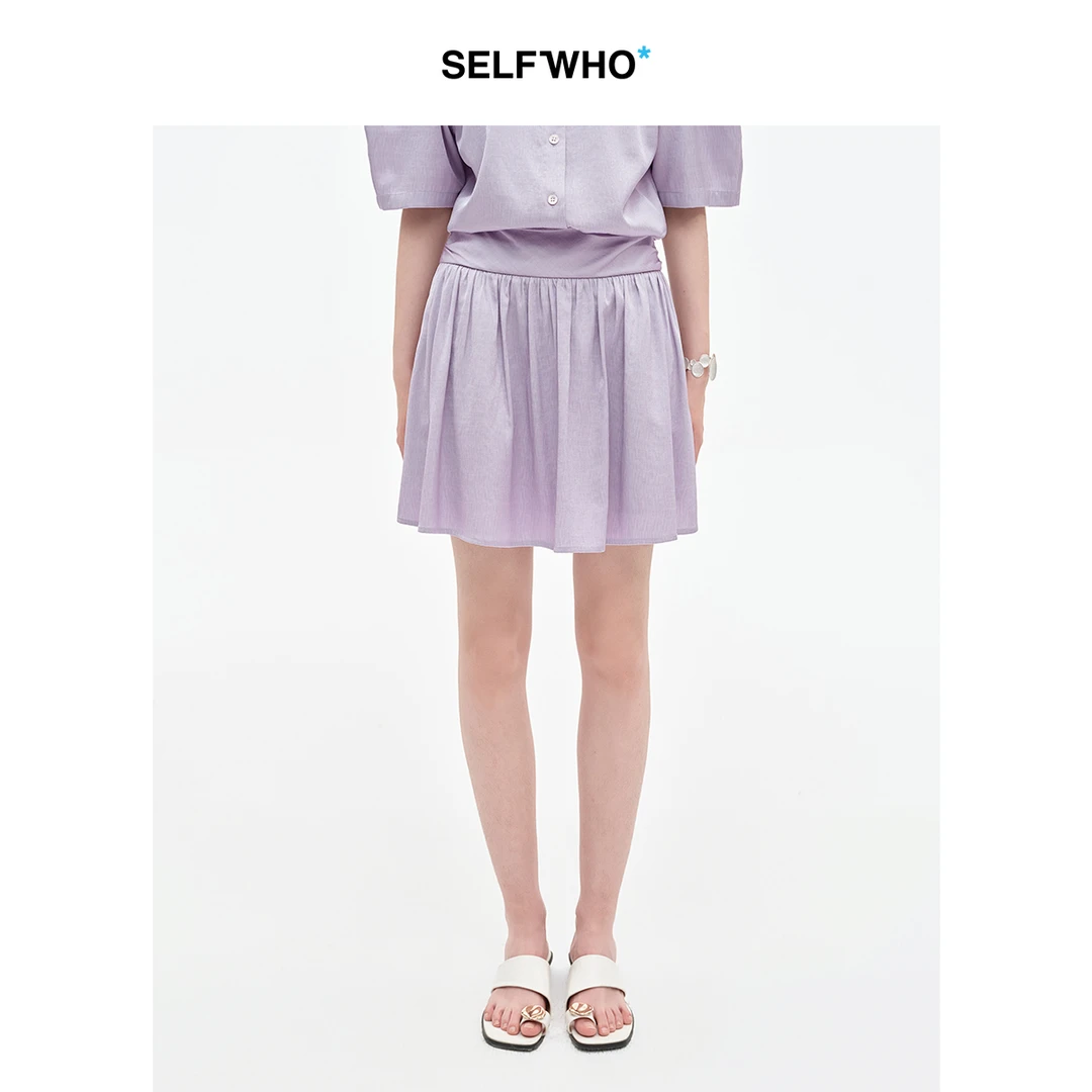 SELFWHO醋酸天丝混纺宽腰头短裙半身裙女2025夏新款爽滑褶皱半裙