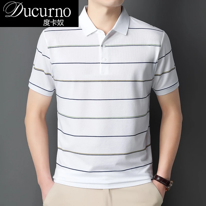 度卡奴轻奢痞帅半袖高端翻领白色POLO衫健身薄款夏季条纹百搭高档