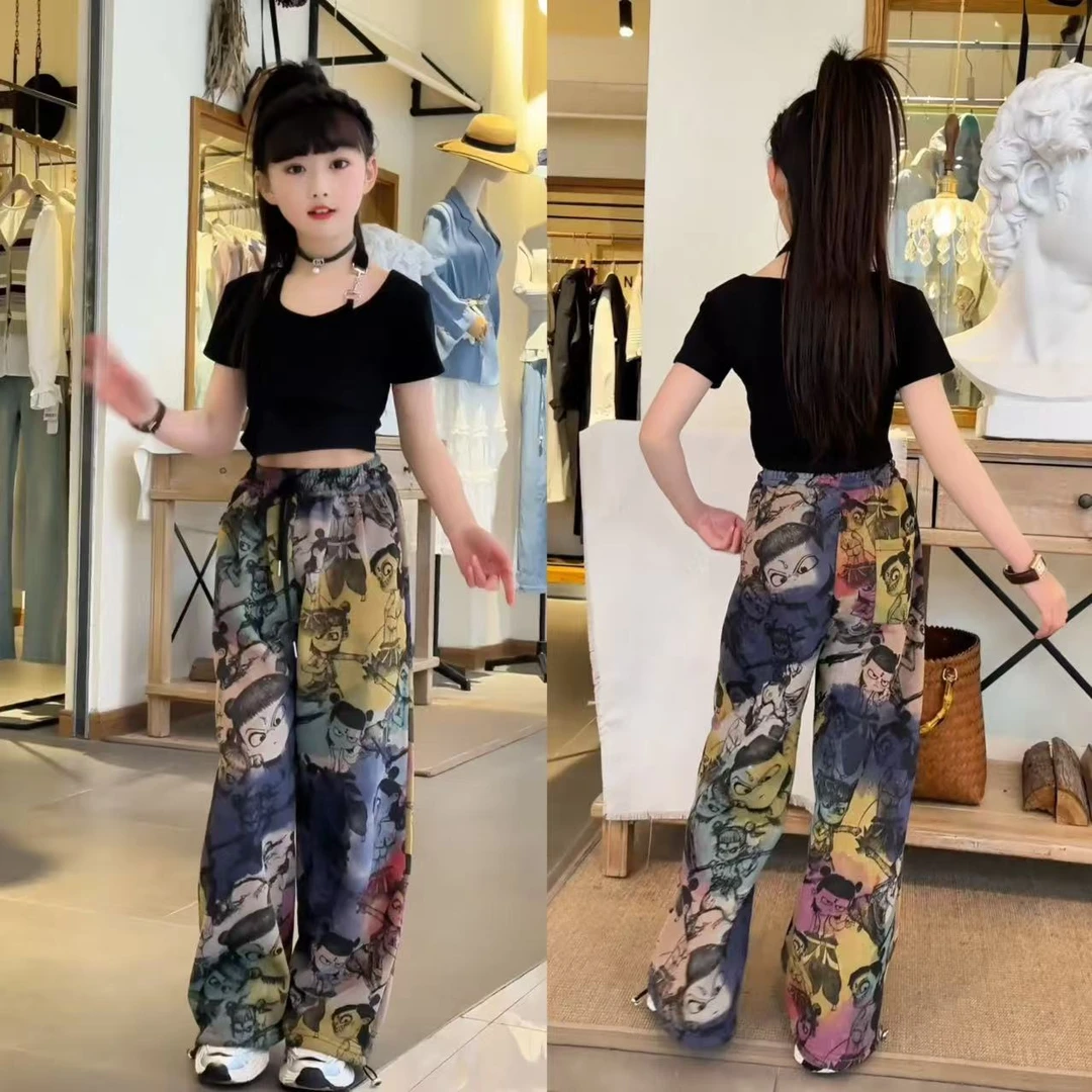 女童不规则吊带上衣+扎染直筒裤套装宽松印花高腰显瘦百搭时尚