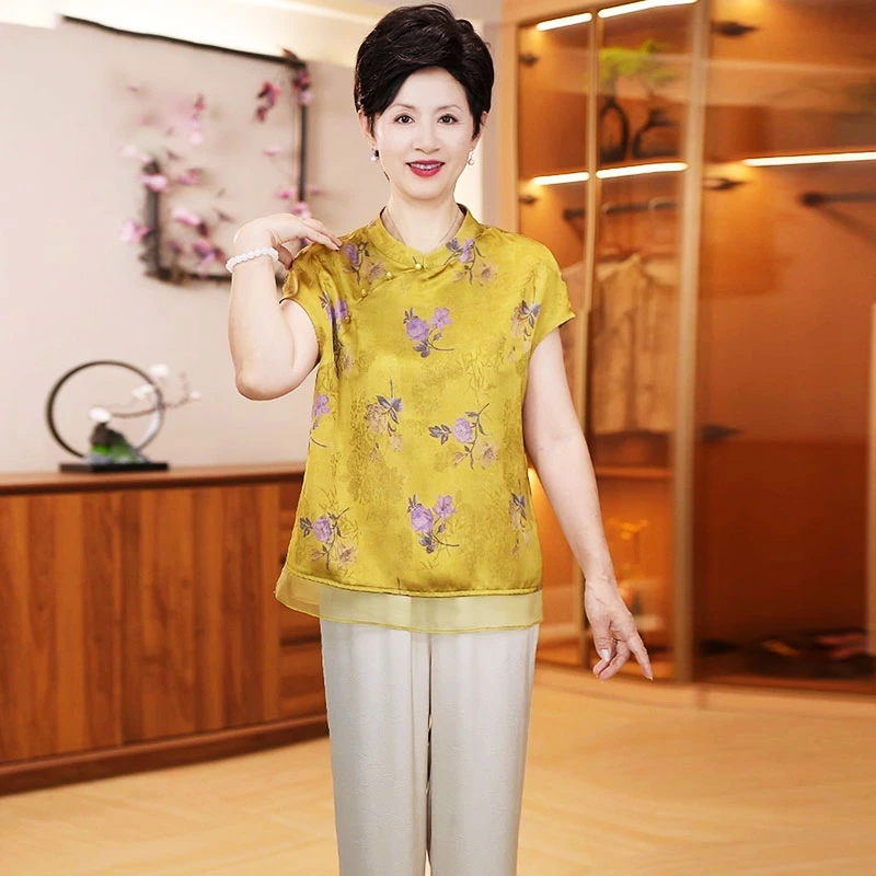 妈妈装40岁50中老年印花套装小衫女气质国风上衣两件套