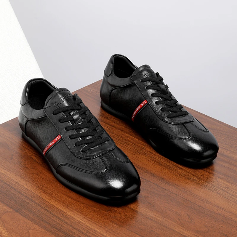 高级男士黑武士真皮板鞋休闲通勤复古板鞋百搭软底软面德训鞋男鞋