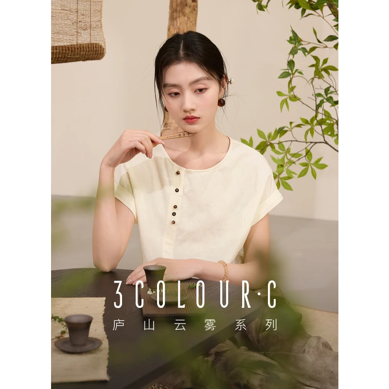 三彩【清风茉白】2025夏季新款新中式宽松小衫圆领短袖衬衣女C