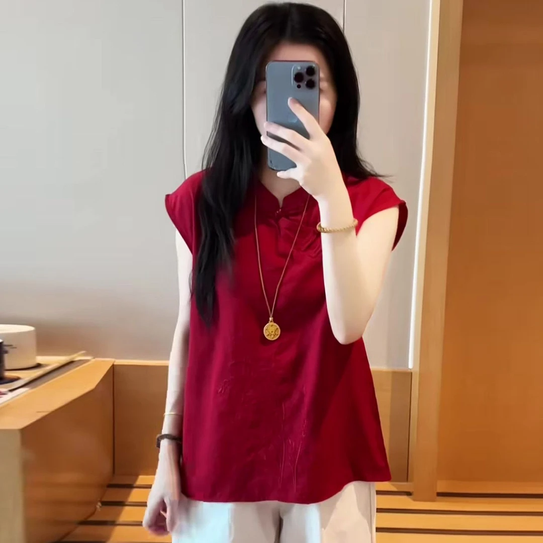 新中式国风红色衬衫女夏2025新款气质宽松显瘦小众炸街中国风上衣