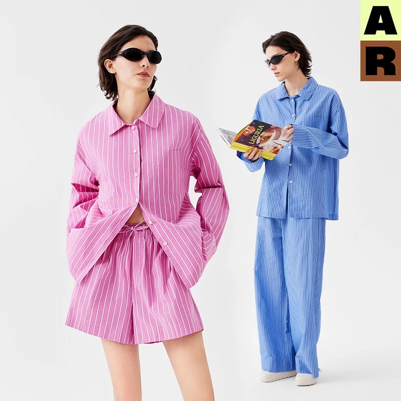 AR条纹可外穿家居服套装2025早秋长袖睡衣长短裤女r线AlmondRocks