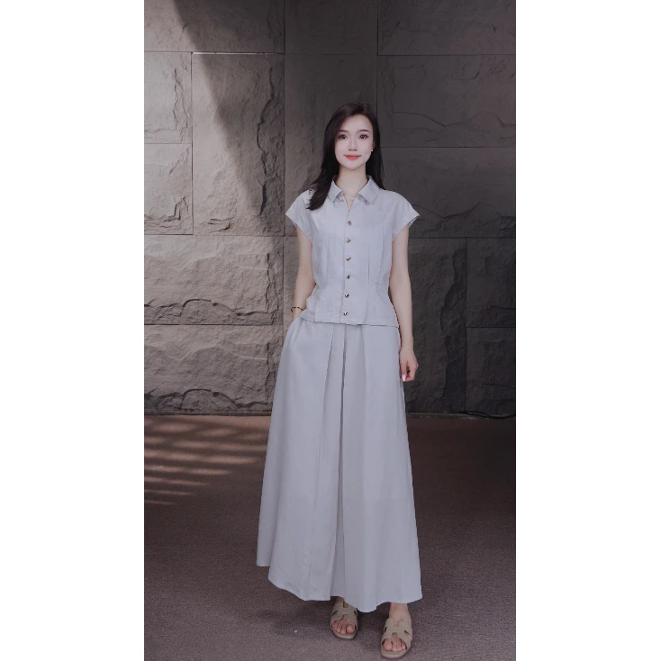 50246【Lp订单】polo领气质亚麻衬衫半身裙两件套F00008