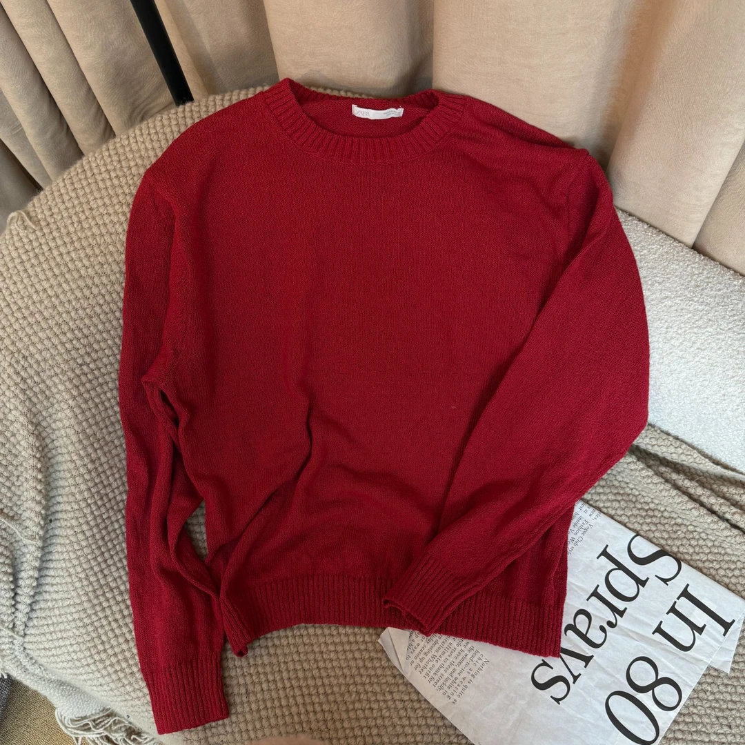 女常规款针织圆领韩版休闲女士长袖时尚红色ins套头上衣毛衣秋冬