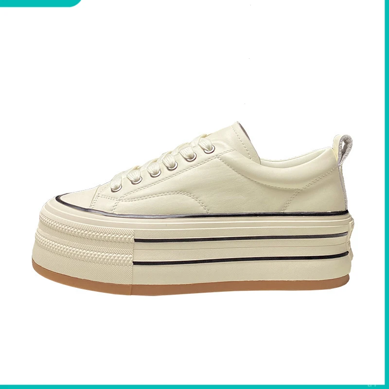 欧货真皮女鞋2025春款款时尚厚底松糕鞋增高系带休闲运动板小白鞋