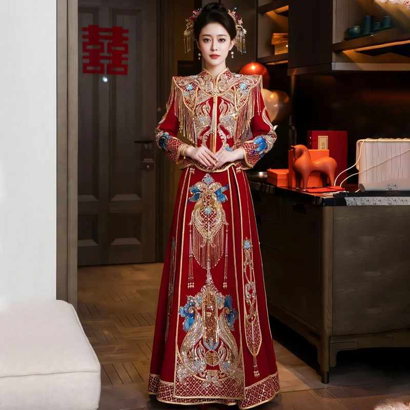 丝绒秀禾服新娘婚服2025新款秋冬季重工奢华中式结婚出阁嫁衣显瘦