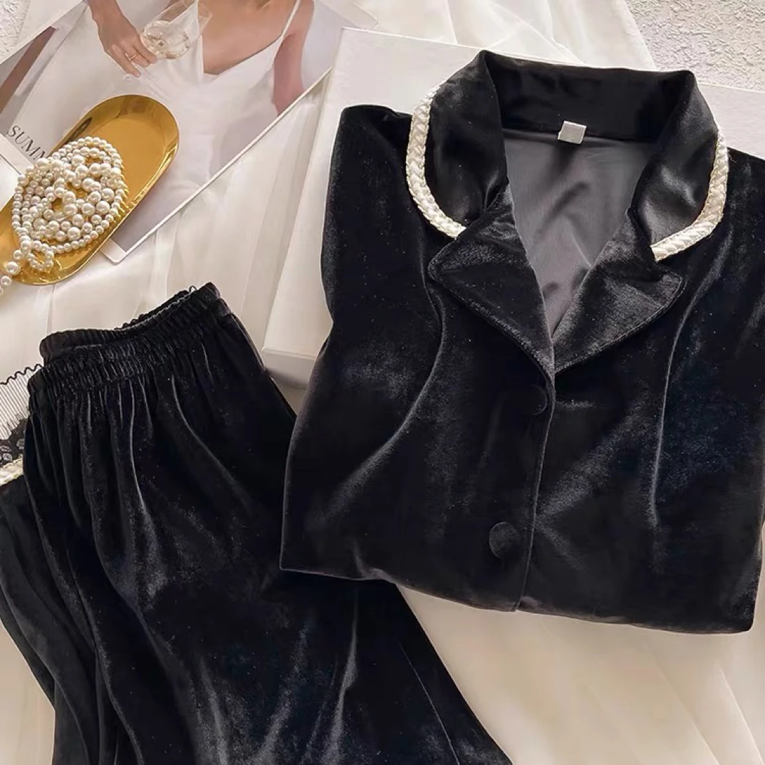 高级感黑色小香风海岛绒睡衣女春秋款奢华加绒加厚家居服套装秋冬