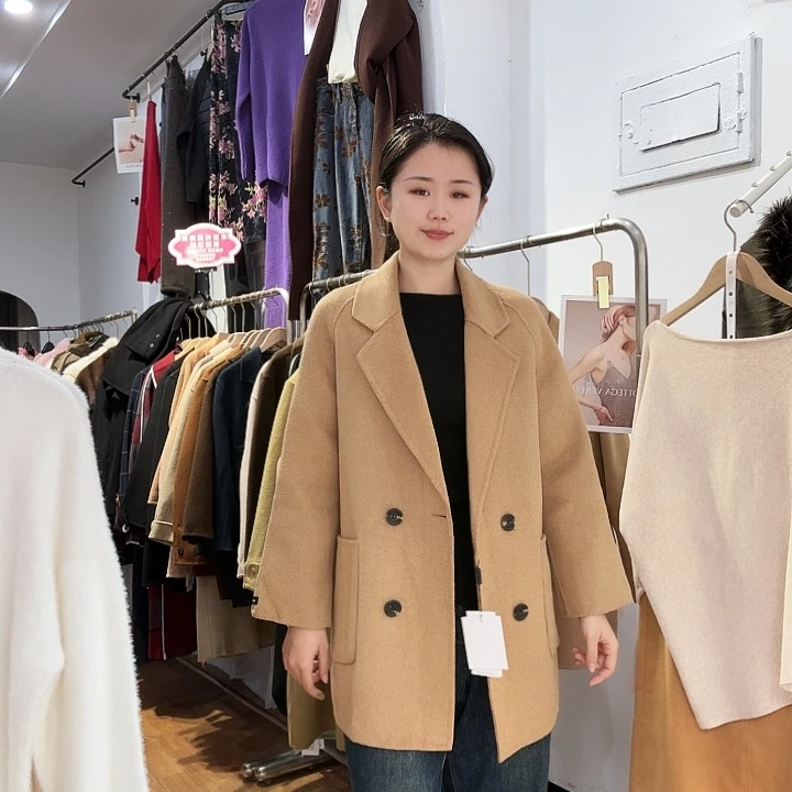 三醋酯纤维100羊毛卡其色气质大衣