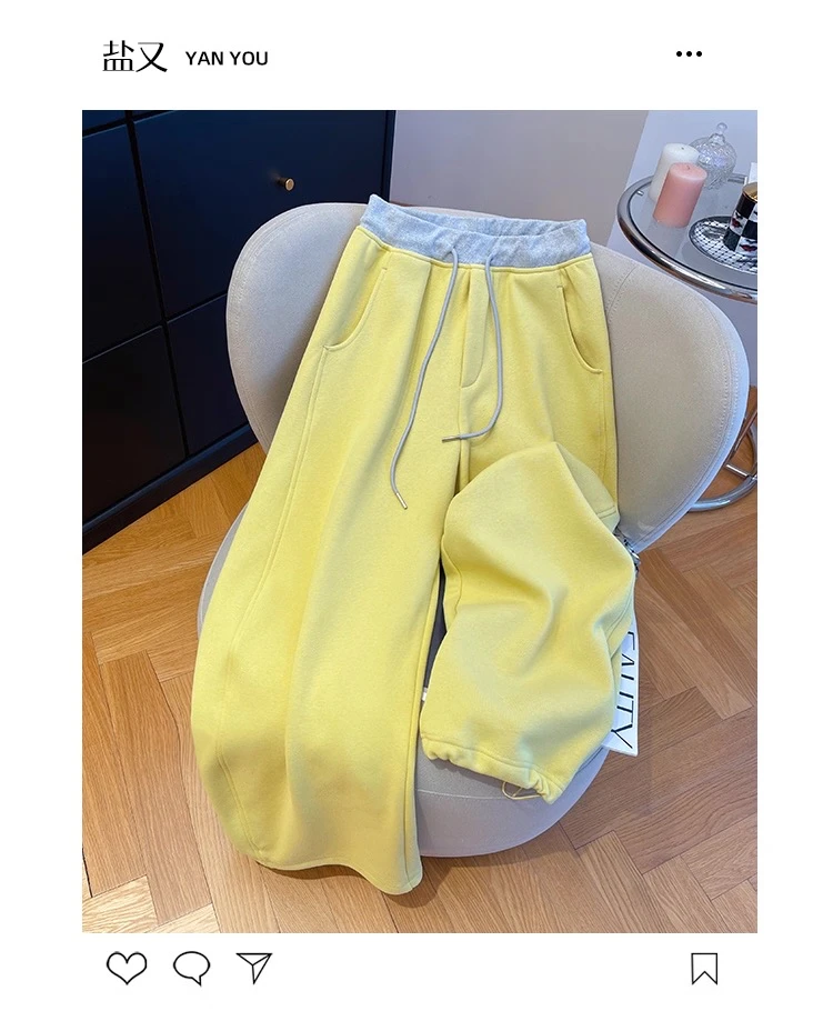 【甲木欧韩原单】黄色抽绳加绒加厚卫裤/名品657-0